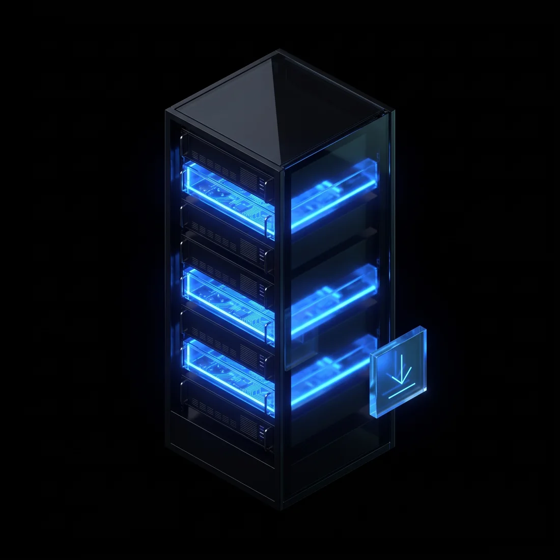 GPU server rack with lit idle slots and a falling price tag, showing spare capacity sold as spot GPU instances