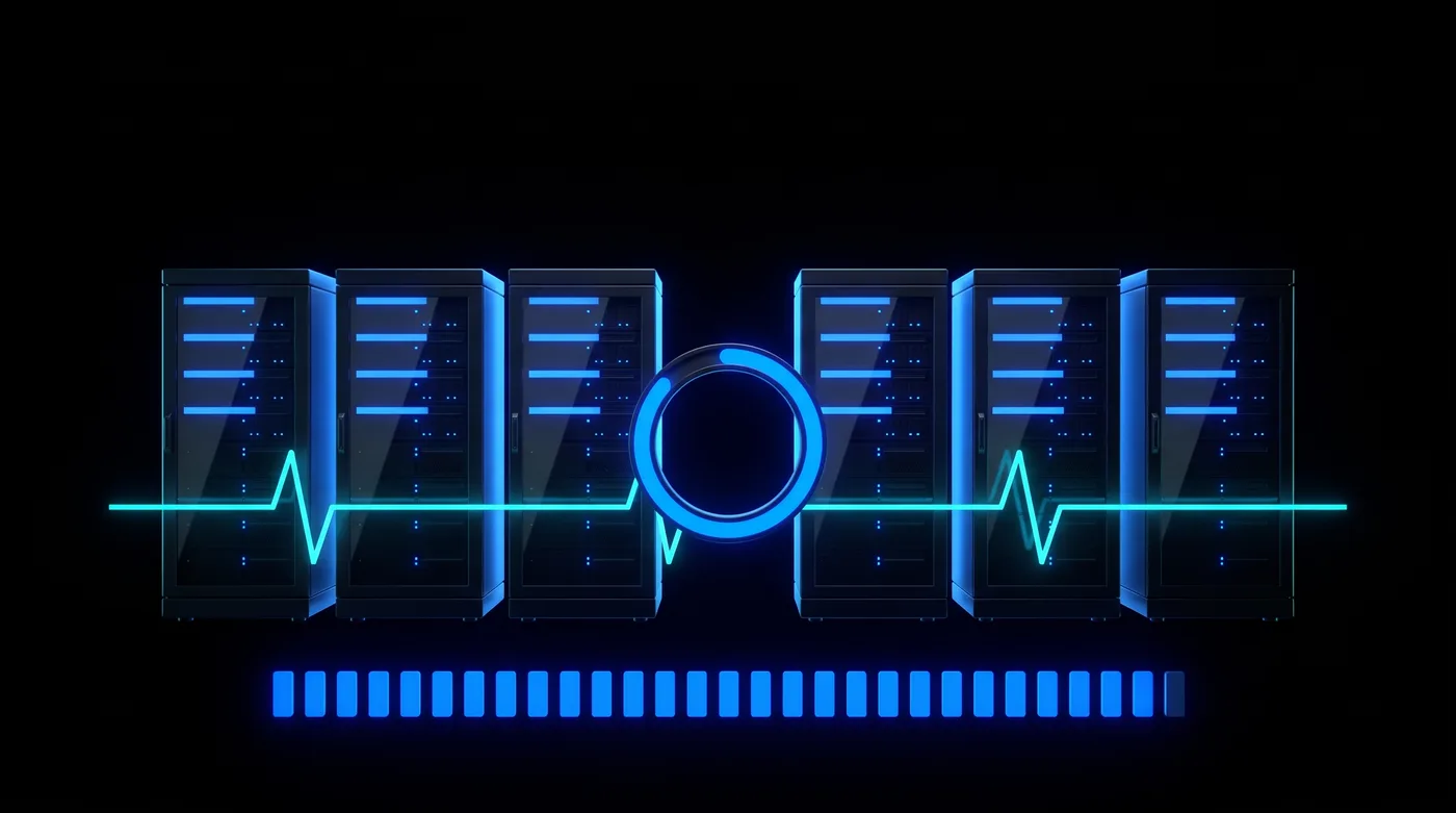 Row of GPU servers with a continuous heartbeat line and a near-full uptime meter